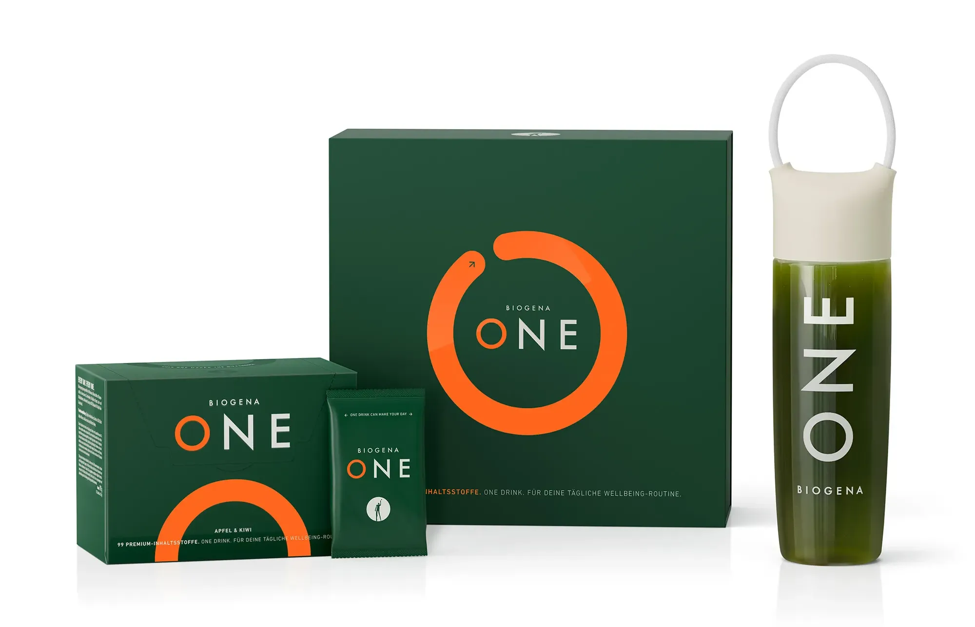 BIOGENA ONE Starterset Bundle mit Premium Greens Pulver Sachets, edler Aufbewahrungsbox und originaler ONE Trinkflasche für die tägliche Routine