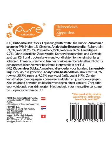 Produktetikett der Pure Hühnerfleisch Sticks Hundeleckerlis mit Inhaltsstoffen