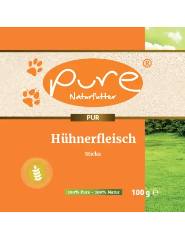 Vorderseite des Produktetiketts von Pure Hühnerfleisch Sticks