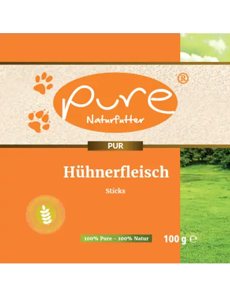 Vorderseite des Produktetiketts von Pure Hühnerfleisch Sticks