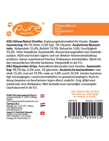 Produktetikett der Pure Hühnerfleisch Streifen Hundeleckerlis mit detaillierten Inhaltsstoffen und analytischen Bestandteilen