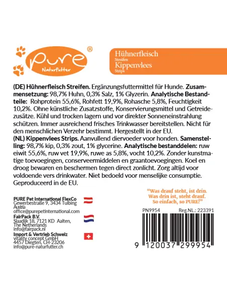 Produktetikett der Pure Hühnerfleisch Streifen Hundeleckerlis mit detaillierten Inhaltsstoffen und analytischen Bestandteilen