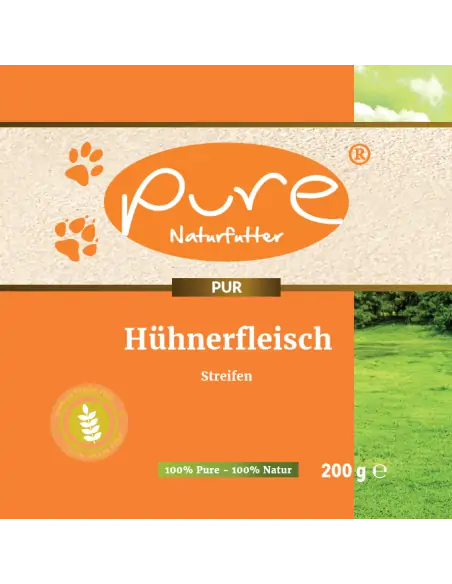 Vorderseite des Produktetiketts von Pure Hühnerfleisch Streifen