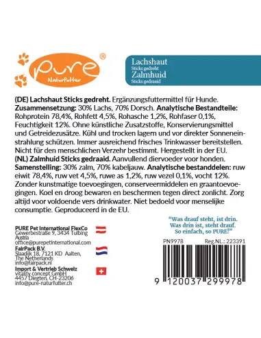 Produktetikett der Pure Lachshaut Sticks gedreht Hundeleckerlis mit detaillierten Inhaltsstoffen und analytischen Bestandteilen