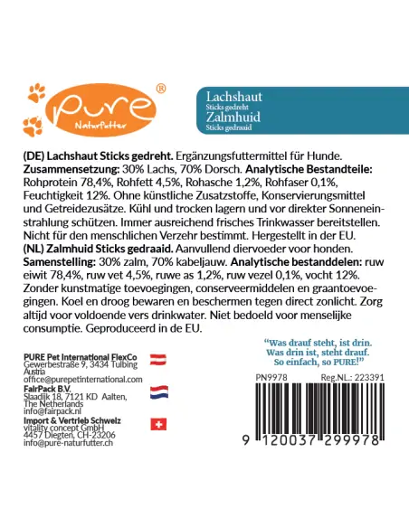 Produktetikett der Pure Lachshaut Sticks gedreht Hundeleckerlis mit detaillierten Inhaltsstoffen und analytischen Bestandteilen