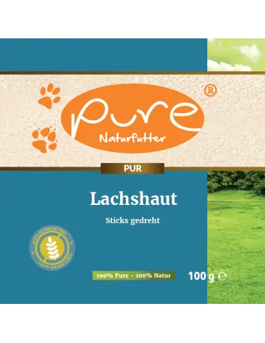 Vorderseite des Produktetiketts von Pure Lachshaut Sticks gedreht