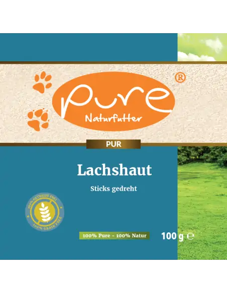 Vorderseite des Produktetiketts von Pure Lachshaut Sticks gedreht
