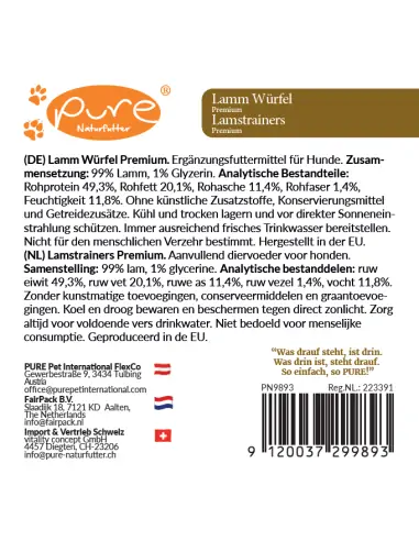Produktetikett der Pure Lamm Würfel Premium Hundeleckerlis mit Nährwertangaben und Inhaltsstoffen