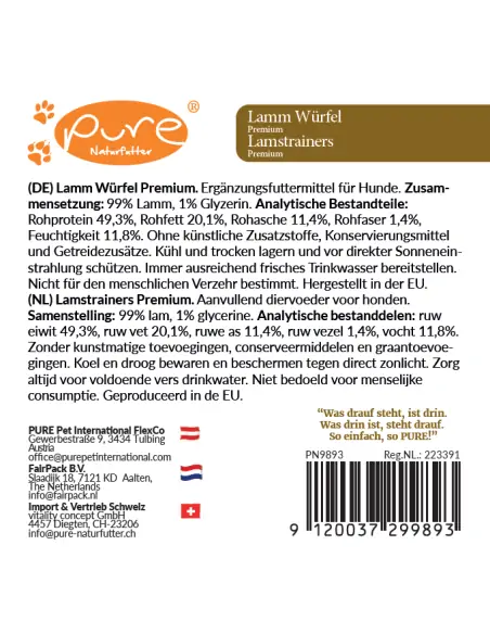 Produktetikett der Pure Lamm Würfel Premium Hundeleckerlis mit Nährwertangaben und Inhaltsstoffen