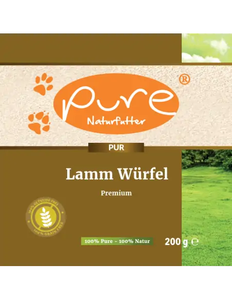 Vorderseite des Produktetiketts von Pure Lamm Würfel Premium