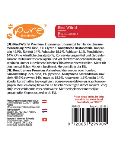 Produktetikett der Pure Rind Würfel Premium Hundeleckerlis mit Nährwertangaben und Inhaltsstoffen