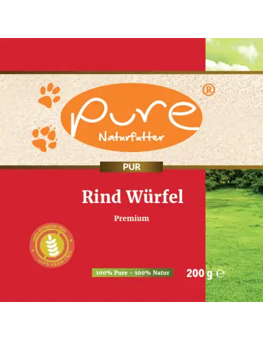 Vorderseite des Produktetiketts von Pure Rind Würfel Premium