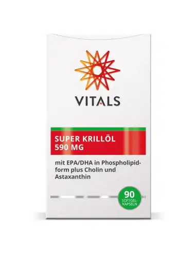 Verpackung Vitals Super Krillöl 590 mg. Krillöl in Phospholipid-Form mit Cholin und Astaxanthin. 90 Softgel-Kapseln.