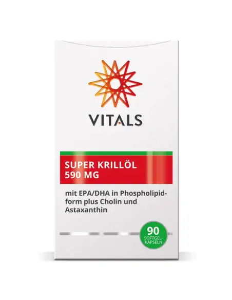 Verpackung Vitals Super Krillöl 590 mg. Krillöl in Phospholipid-Form mit Cholin und Astaxanthin. 90 Softgel-Kapseln. Verpackung Vitals Super Krillöl 590 mg. Krillöl in Phospholipid-Form mit Cholin und Astaxanthin. 90 Softgel-Kapseln.