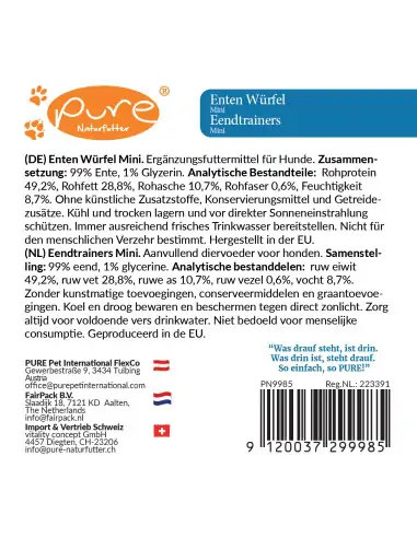 Produktetikett der Pure Enten Würfel Soft Hundeleckerlis mit Nährwertangaben und Inhaltsstoffen
