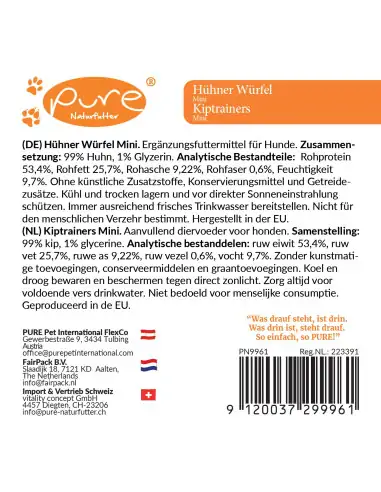 Produktetikett der Pure Hühner Würfel Soft Hundeleckerlis mit Nährwertangaben und Inhaltsstoffen