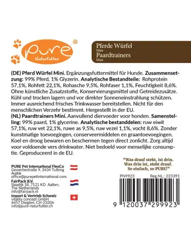 Produktetikett der Pure Pferde Würfel Mini Hundeleckerlis mit Nährwertangaben und Inhaltsstoffen