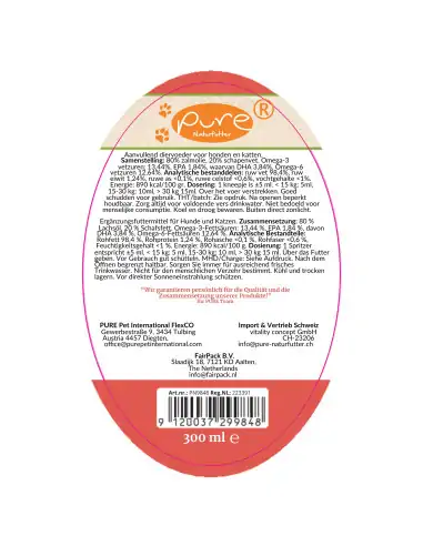 PURE Food Topping 300 ml – Rückseite mit Zusammensetzung, Analytik und Fütterungsempfehlung