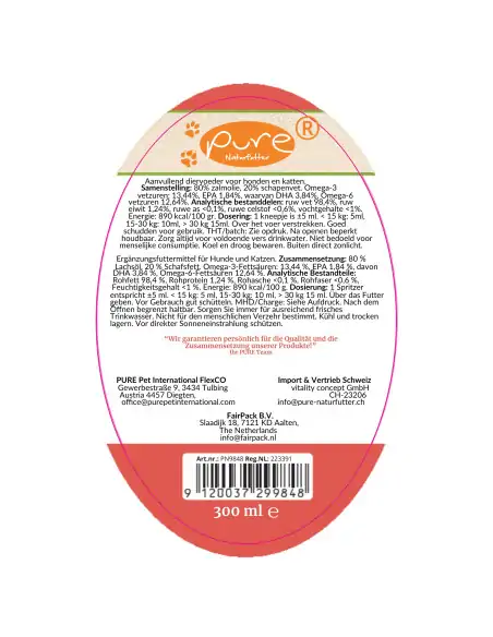PURE Food Topping 300 ml – Rückseite mit Zusammensetzung, Analytik und Fütterungsempfehlung