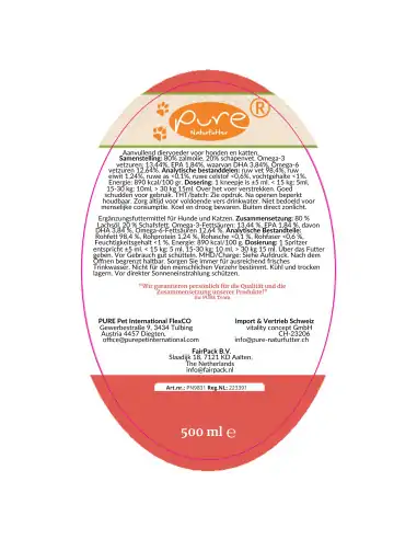 PURE Food Topping 500 ml – Rückseite mit Zusammensetzung, Analytik und Fütterungsempfehlung