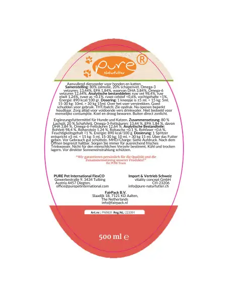 PURE Food Topping 500 ml – Rückseite mit Zusammensetzung, Analytik und Fütterungsempfehlung