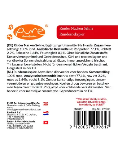 Inhaltsstoffe und Analyse Rinder Nacken Sehne von PURE – 100% Rind Monoprotein ohne Zusätze