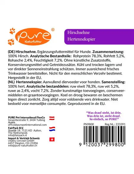 Zusammensetzung und Analyse PURE Hirschsehne – 100% Hirsch proteinreich fettarm ohne Zusätze