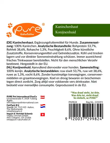 Inhaltsstoffe PURE Kaninchenhaut – Analyse und Deklaration 100% Kaninchen Monoprotein für sensible Hunde