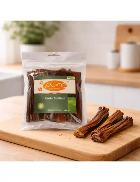 Getrocknete Kaninchenhaut von PURE Naturfutter als gesunder, proteinreicher Kauartikel für Hunde