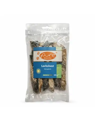 Verpackte Lachshaut Sticks von PURE Naturfutter, natürlicher Hundesnack reich an Omega 3 Fettsäuren