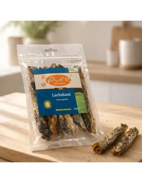 Lachshaut Sticks von PURE Naturfutter als natürlicher Kausnack für Hunde, reich an Omega 3