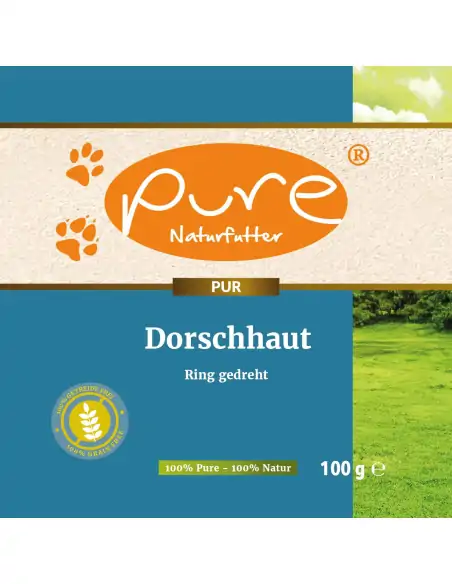 Verpackungsdesign PURE Dorschhaut Ring gedreht, getreidefreier Kausnack für Hunde aus Fisch