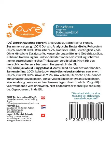 Produktetikett von PURE Dorschhaut Ring gedreht mit Inhaltsstoffen, Fütterungshinweisen und Herkunft