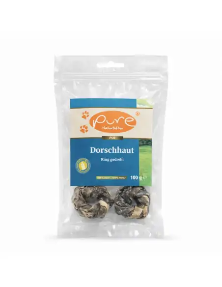 Verpackte Dorschhaut Ringe von PURE Naturfutter, getreidefreier Hundesnack aus Dorschhaut