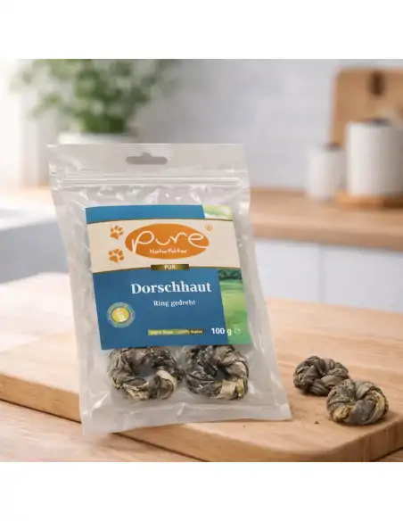 Gedrehte Dorschhaut Ringe von PURE Naturfutter als langlebiger Kausnack für Hunde