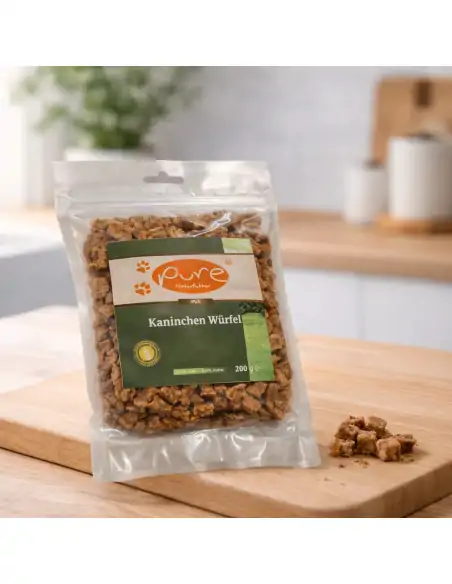 Kaninchen Würfel von PURE Naturfutter als gesunder Belohnungssnack für Hunde, leicht verdaulich