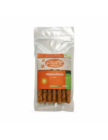 Verpackte Hühnerfleisch Sticks von PURE Naturfutter, hochwertiger Hundesnack ohne Zusätze