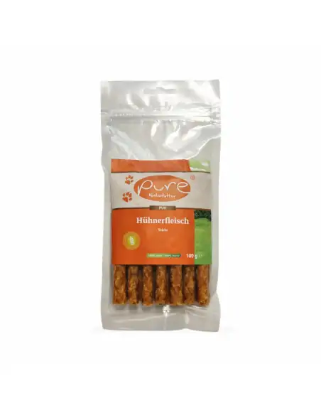 Verpackte Hühnerfleisch Sticks von PURE Naturfutter, hochwertiger Hundesnack ohne Zusätze