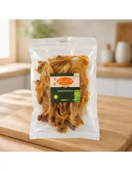 Getrocknete Kaninchenohren von PURE Naturfutter im Beutel, naturbelassener Hunde-Kausnack Getrocknete Kaninchenohren von PURE Naturfutter im Beutel, naturbelassener Hunde-Kausnack