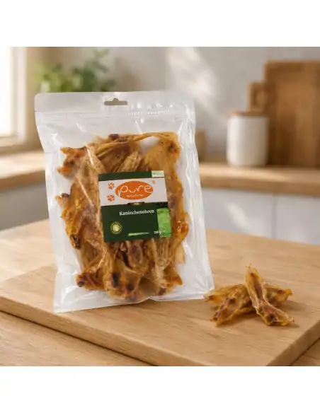 PURE Naturfutter Kaninchenohren 200 g mit einzelnen Kausnacks auf Holzbrett für Hunde PURE Naturfutter Kaninchenohren 200 g mit einzelnen Kausnacks auf Holzbrett für Hunde