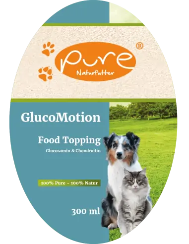 PURE GlucoMotion Food Topping 300 ml Etikette mit Hund und Katze