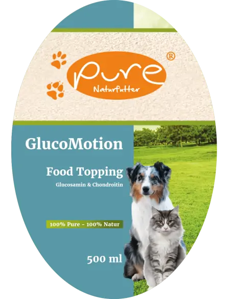 PURE GlucoMotion Food Topping 500 ml Etikette mit Hund und Katze PURE GlucoMotion Food Topping 500 ml Etikette mit Hund und Katze