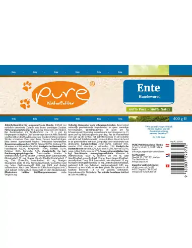 PURE Hundewurst Ente 400 g Etikette mit Zusammensetzung und Fütterungsempfehlung
