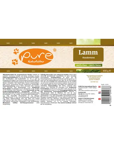 PURE Hundewurst Lamm 400 g Etikette mit Zusammensetzung und Fütterungsempfehlung