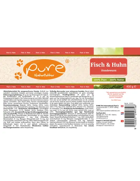 PURE Hundewurst Fisch & Huhn 400 g Etikette mit Zusammensetzung und Fütterungsempfehlung PURE Hundewurst Fisch & Huhn 400 g Etikette mit Zusammensetzung und Fütterungsempfehlung