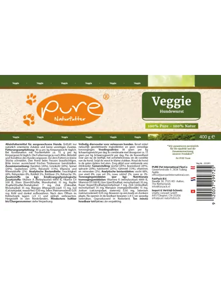 PURE Hundewurst Veggie 400 g Etikette mit Zusammensetzung und Fütterungsempfehlung PURE Hundewurst Veggie 400 g Etikette mit Zusammensetzung und Fütterungsempfehlung