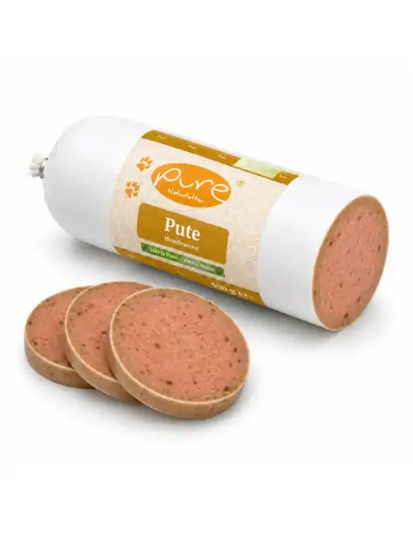 Hundewurst mit Pute mit Anschnitt und Scheiben Hundewurst mit Pute mit Anschnitt und Scheiben