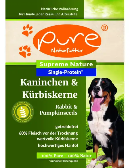 PURE Supreme Nature Kaninchen & Kürbiskerne 10 kg, getreidefreies Single-Protein Trockenfutter für Hunde